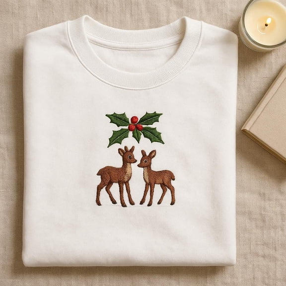 Embroidered Reindeer Sweatshirt, Holly Kissing Deer Crewneck, Christmas Animal Lover Gift, Winter Holiday Sweater, Xmas Outfit