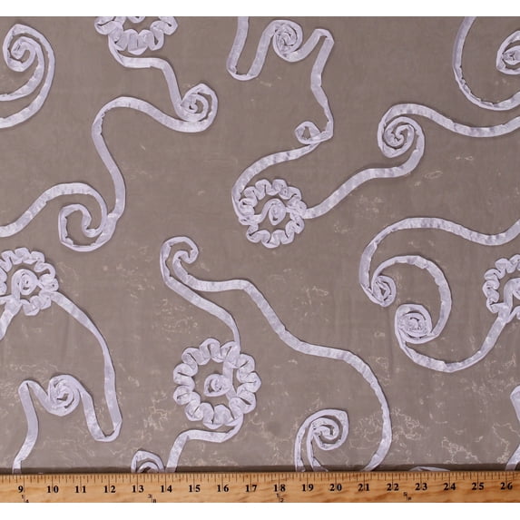Embroidered Ribbon Organza Show Fabric White on Off-White 55" Wide Polyester Fabric by the Yard (POE0101-990)