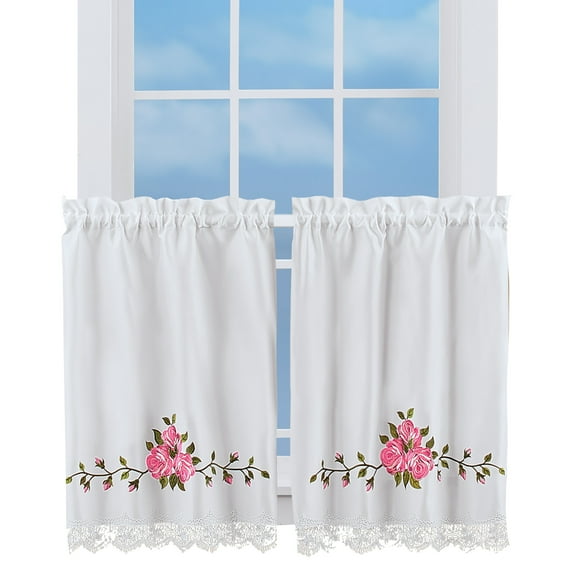 Embroidered Roses and Greenery Window Curtains - Perfect Anywhere in Your Home - Features Scalloped Lace Border and Scrolling Vines - Machine Washable - Rod Pocket Tops