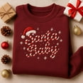thumbnail image 1 of Embroidered Santa Baby Sweatshirt, Festive Christmas Sweater, Holiday Script Font Crewneck, Candy Cane Lettering, Maroon Winter Top, 1 of 4