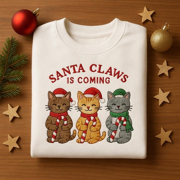 Embroidered Santa Claws is Coming Sweatshirt, Funny Cat Christmas Crewneck, Candy Cane Feline Top, Cat Lover Gift