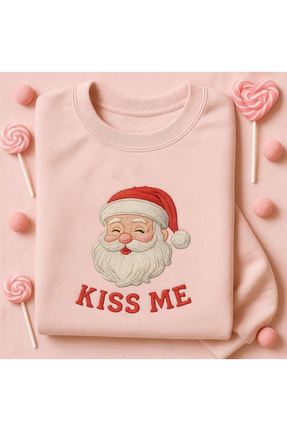Embroidered Santa Face Sweatshirt, Kiss Me Under The Tree Crewneck, Funny Christmas Gift, Holiday Apparel, Cute Santa Top