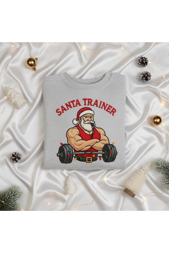Embroidered Santa Trainer Sweatshirt, Funny Christmas Gym Crewneck, Bodybuilding Weightlifting Gift, Buff Santa Xmas Workout Shirt