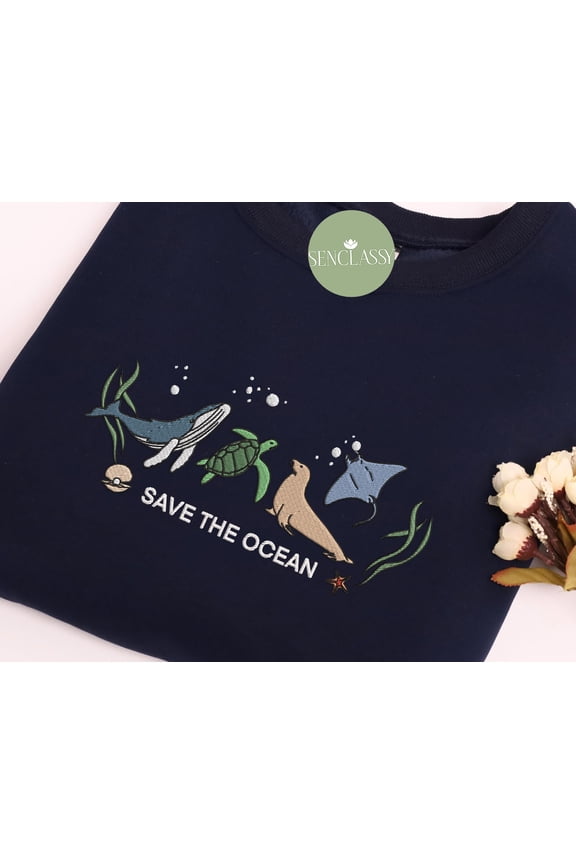 Embroidered Save The Ocean Sweatshirt, Respect Wildlife Sweater, Sea Animal Lover, Ocean Lover Gift, Whale Hoodie, Marine Biologist Gift
