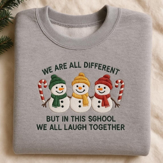 Embroidered School Spirit Sweatshirt, Teacher Student Gift, Laugh Together, Different Snowman, Winter Holiday Crewneck, Kindness Tee