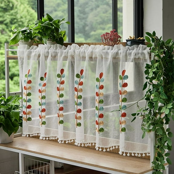 Embroidered Semi-Transparent Curtains Kitchen Tiered Half Window Sheer Curtain Rod Pocket Tulle Curtains for Kitchen A