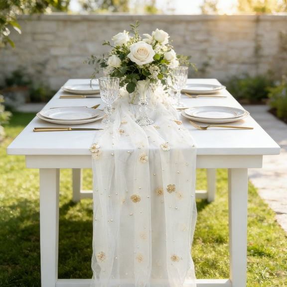 Embroidered Sheer Table Runner Elegant Dining Table Cover Decorative Accent Decor, Stylish Embroidery Reusable Centerpiece Home Party Use, For Wedding Birthday Dining Room Hotel Banquet