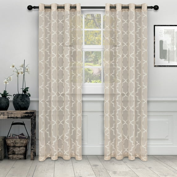 Embroidered Sheer Two Panel Curtains, 52" x 63", Beige by Blue Nile Mills