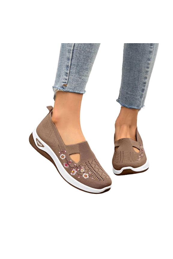 Embroidered Shoes, Women's Flower Embroidered Slip On Knitting Flat Loafers,Mary Jane Breathable Elastic Mesh Comfy Platform Non Slip Memory Foam Mom Walking Nurse Shoes Casual Walking, Brown 6.5