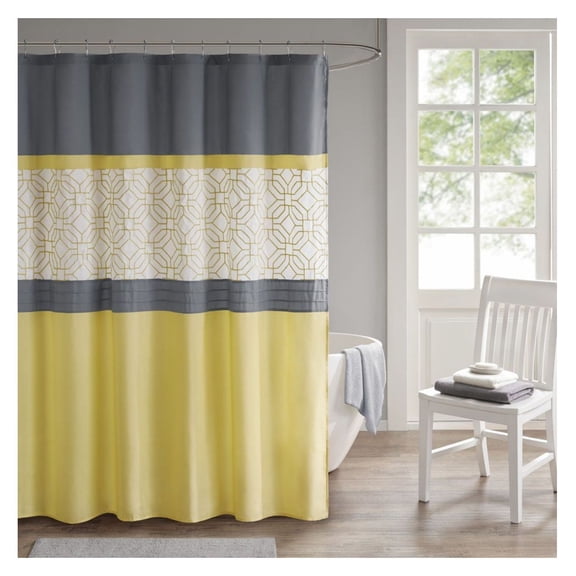 Embroidered Shower Curtain - 72x72 Geometric Pintuck Pieced Microfiber Bathroom Decor - Grey & Yellow Decorative Bath Curtain with Lining