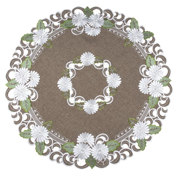 Embroidered Silver Daisy with Green Leaves on Brown (23"/ 33")