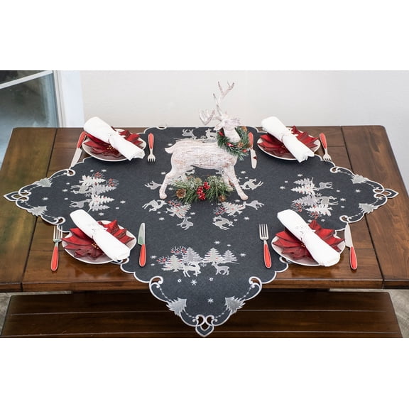 Embroidered Silver Reindeer on Dark Grey Table Toppers (23"/ 33" Round, 33" Square)
