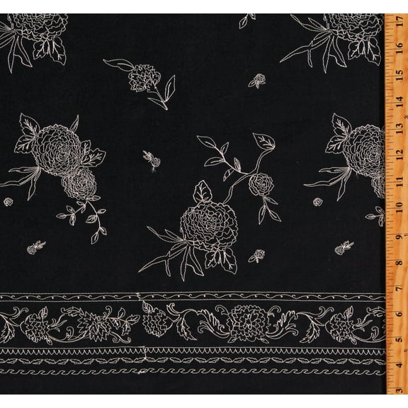 Embroidered Single Border White on Black Floral Vines Batiste Fabric by the Yard (PFF-0329)