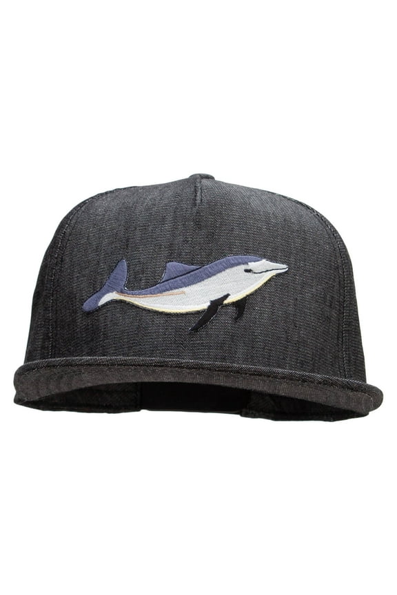 Embroidered Single Dolphin Patched 5 Panel Flat Bill Snapback Cap - Denim Black OSFM