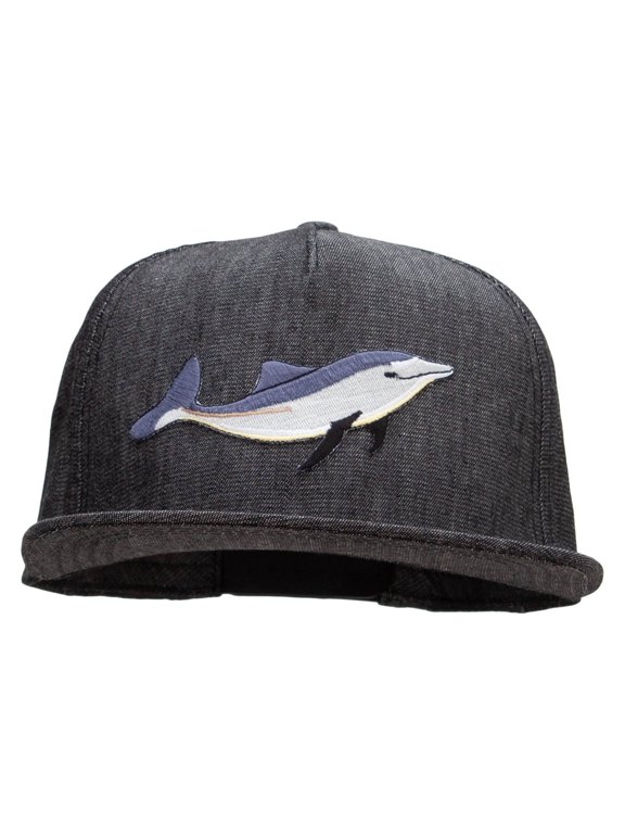 Embroidered Single Dolphin Patched 5 Panel Flat Bill Snapback Cap - Denim Black OSFM