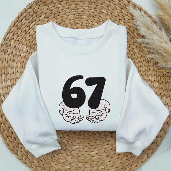 Embroidered Six Seven 6 7 Meme Funny Hands Shirt, 67 Trend Sweatshirt, Viral TikTok Phrase, Ghostly Internet Joke, Scary Social Media Trend