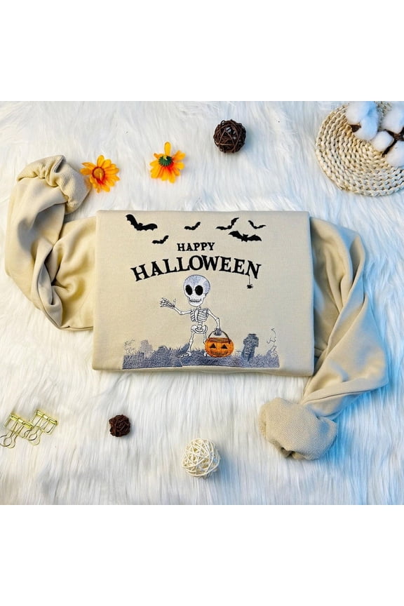 Embroidered Skeleton With Pumpkin Lantern In Cemetery Sweatshirt