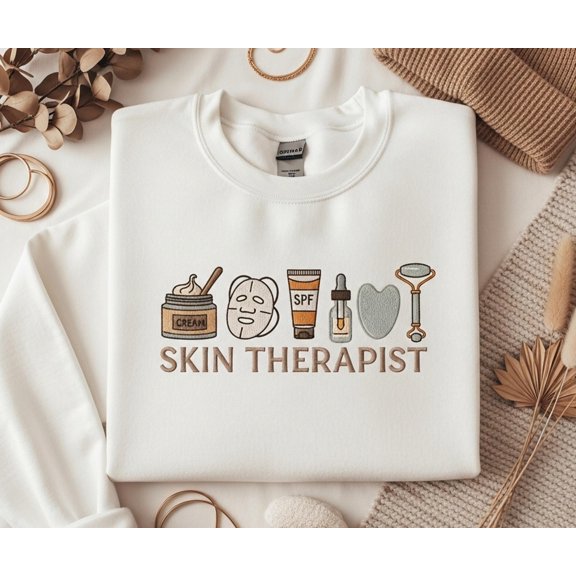Embroidered Skin Therapist Sweatshirt Custom Esthetician Crewneck with Skincare Icon Perfect Gift for Licensed Beautician Spa Professional