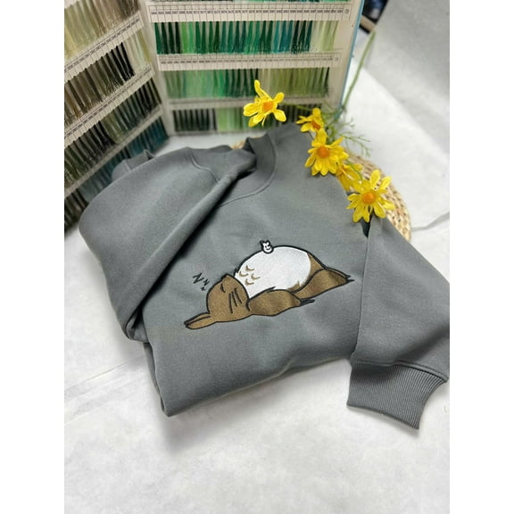 Embroidered Sleeping Totoro Sweatshirt – Anime Crewneck, Ghibli Gift