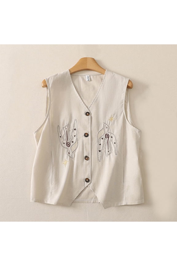 Embroidered Sleeveless Cardigan For Women, V Neck Summer Duster With Pocket, Solid Color Lightweight Shrug, Trendy Womens Tops Beige M