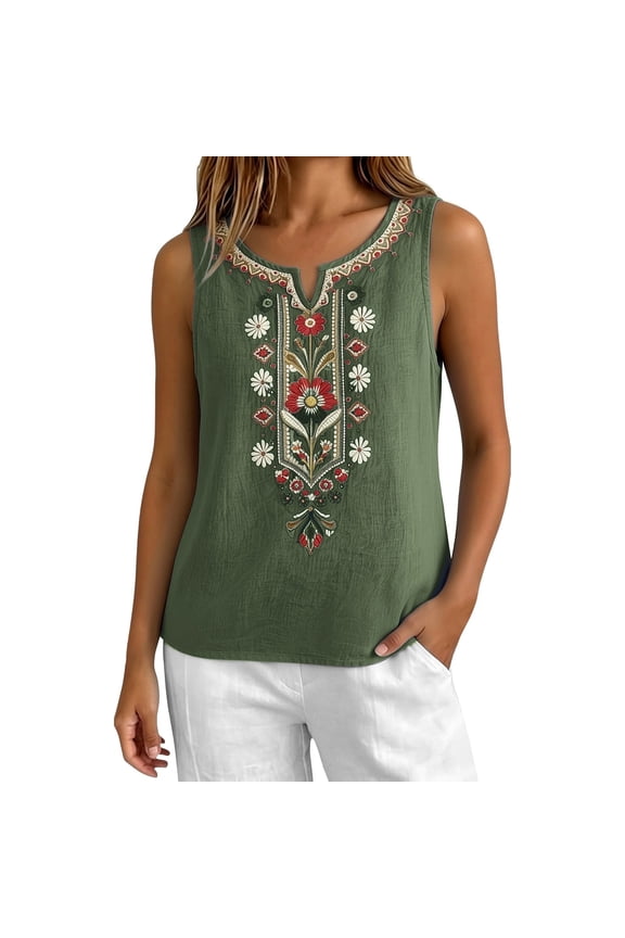 Embroidered Sleeveless Tank Top Lightweight Gauze Cami Shirts Bohemian Peasant Camisole Tops V Neck Casual Summer Boho Beach Vacation Blouse Gauze Peasant Boho Embroidered Vest Blackish Green S