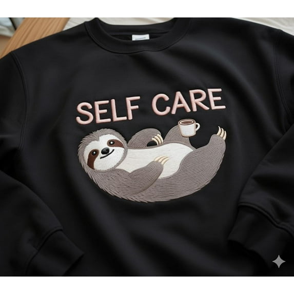 Embroidered Sloth Self Care Sweatshirt – Cute cozy cottagecore hoodie with relaxing sloth design, perfect self care gift for her