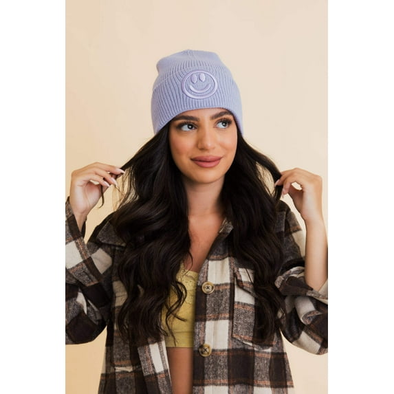 Embroidered Smiley Face Ribbed Knit Beanie