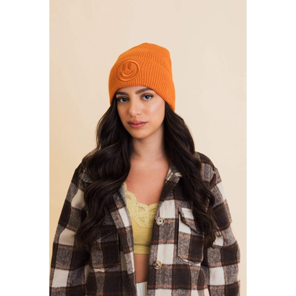 Embroidered Smiley Face Ribbed Knit Beanie