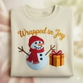 thumbnail image 1 of Embroidered Snowman Sweatshirt, Wrapped In Joy Christmas Gift Box Shirt, Winter Holiday Sweater, Festive Green Crewneck, 1 of 4