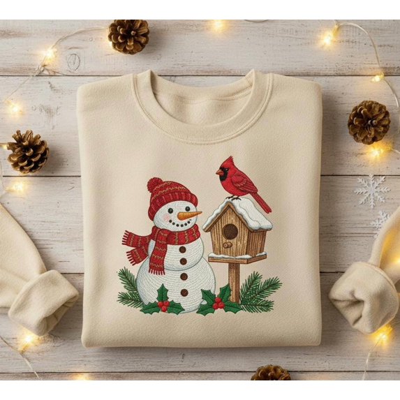 Embroidered Snowman and Cardinal Sweatshirt, Cozy Winter Birdhouse Crewneck, Rustic Christmas Nature Gift