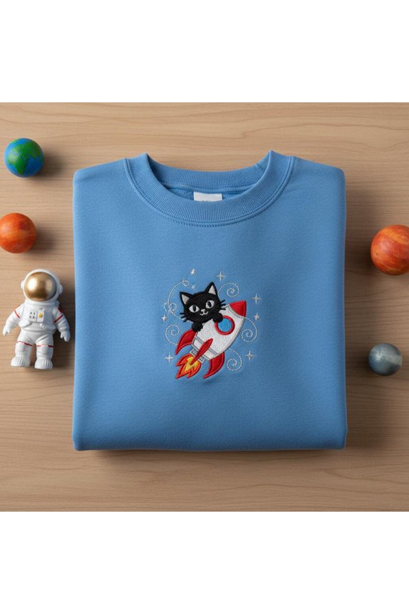 Embroidered Space Cat Circle Sweatshirt, Kitty on Rocket Crewneck, Celestial Galaxy Pet Lover Gift, Cosmic Feline Top