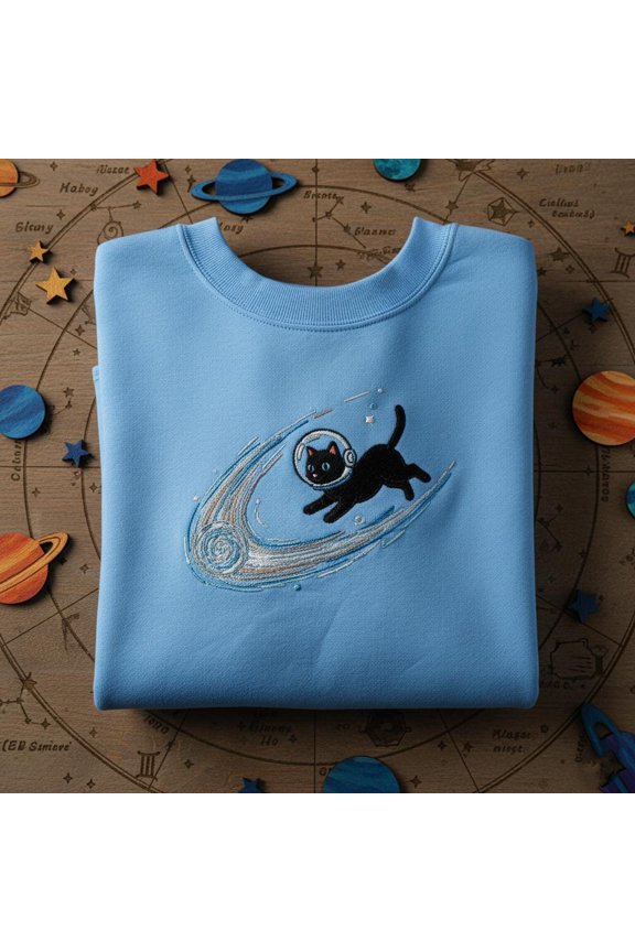 Embroidered Space Cat Comet Sweatshirt, Kitty Nebula Ride Crewneck, Celestial Galaxy Pet Lover Gift, Cosmic Feline Top