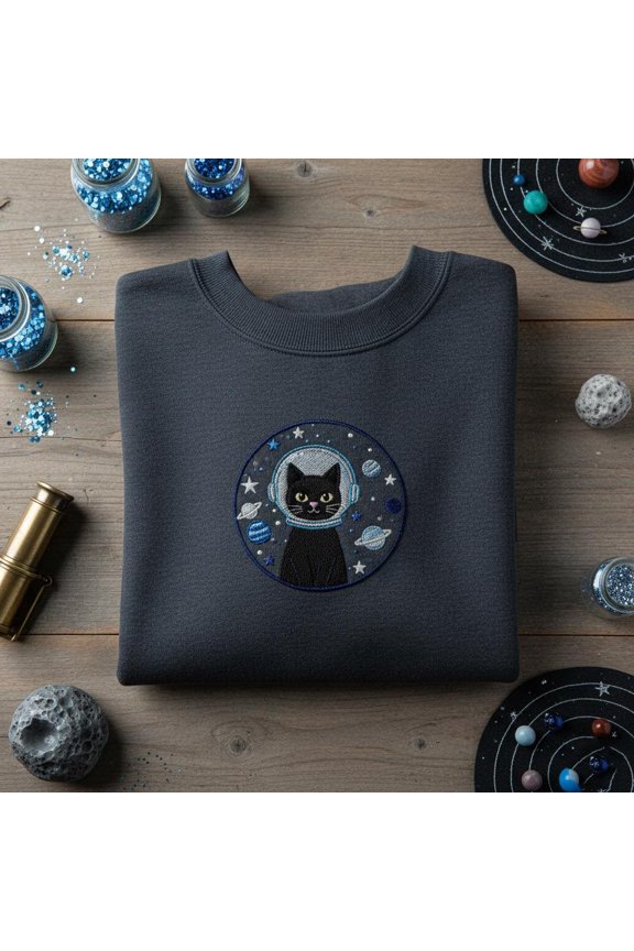 Embroidered Space Cat Portrait Sweatshirt, Astronaut Kitty Planets Crewneck, Celestial Galaxy Pet Lover Gift, Cat Top