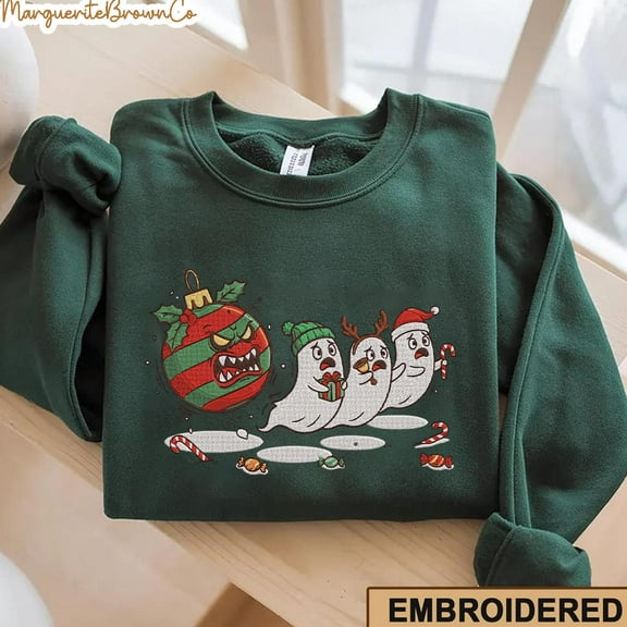 Embroidered Spooky Ghosts Christmas Sweatshirt, Angry Ornament Chase Crewneck, Funny Reindeer Ghost Holiday Horror Gift, Funny Boo Sweater