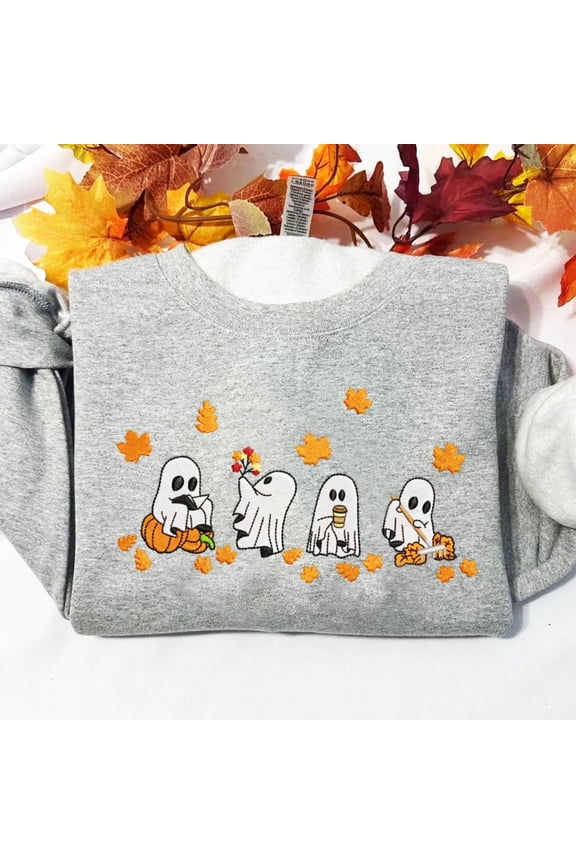Embroidered Spooky Ghosts With Fall Leaves Sweatshirt