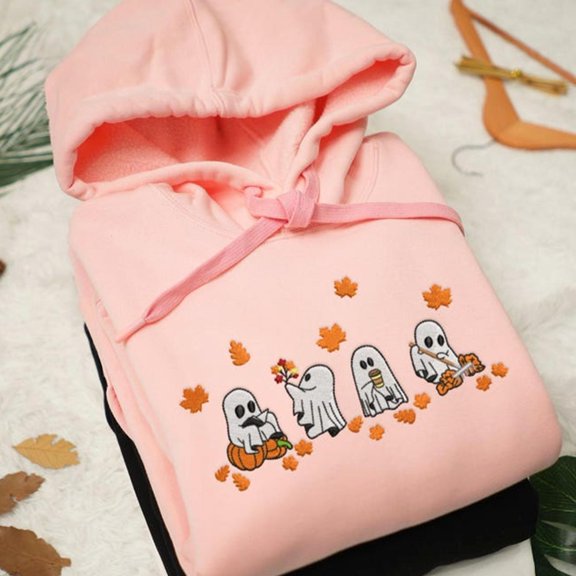 Embroidered Spooky Ghosts With Fall Leaves Sweatshirt