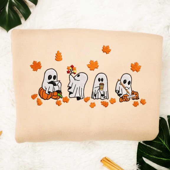 Embroidered Spooky Ghosts With Fall Leaves Sweatshirt