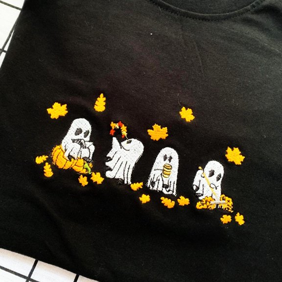 Embroidered Spooky Ghosts With Fall Leaves Sweatshirt