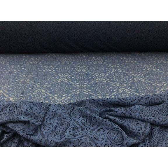 Embroidered Stretch Lace Apparel Fabric Sheer Diamond Prussian Blue WW412