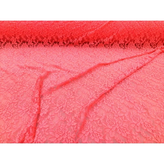 Embroidered Stretch Lace Apparel Fabric Sheer Floral Neon Peach TT101