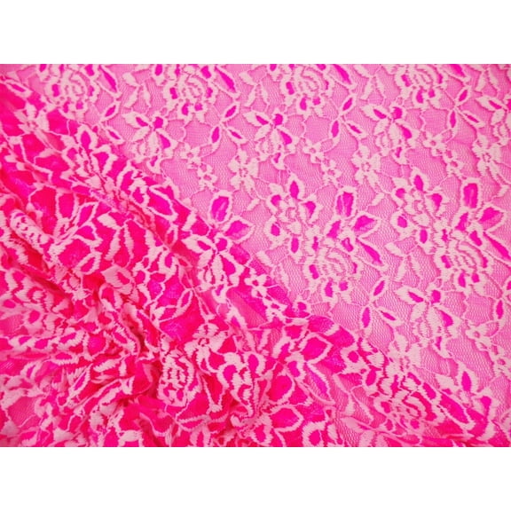 Embroidered Stretch Lace Apparel Fabric Sheer Neon Pink White Floral AA415