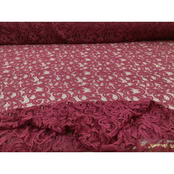 Embroidered Stretch Lace Apparel Fabric Sheer Scrolling Floral Burgundy ZZ213