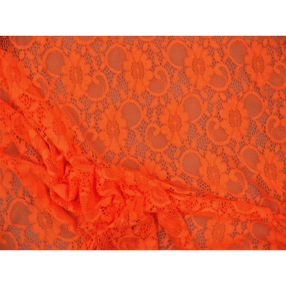 Embroidered Stretch Lace Apparel Fabric Sheer Scrolling Floral Neon Orange DD300