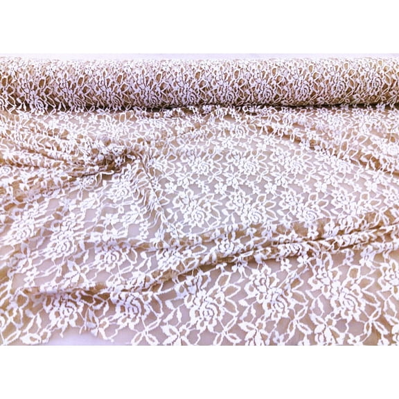 Embroidered Stretch Lace Apparel Fabric Sheer Tan White Floral AA219