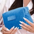 thumbnail image 1 of Embroidered Striped Velvet Cosmetic Bag | Blue Waterproof Makeup Organizer | Soft Travel Toiletry Pouch | 22x16x15 cm Storage Case for Cosmetics & Brushes, 1 of 6