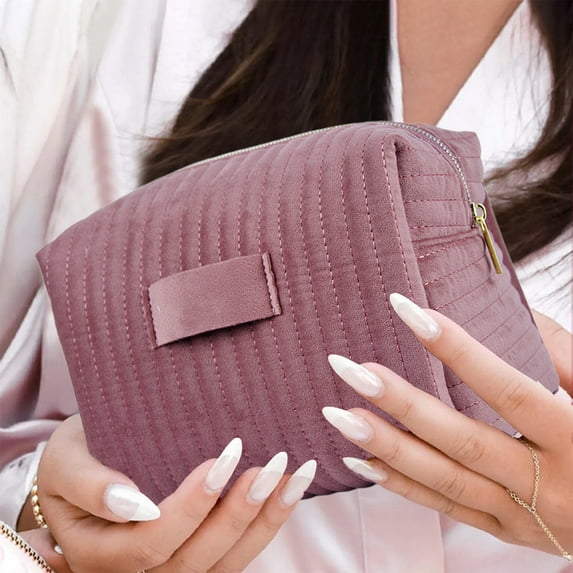 Embroidered Striped Velvet Cosmetic Bag | Waterproof Makeup Organizer | Soft Travel Toiletry Pouch | 22x16x15 cm Pink Makeup Storage Case