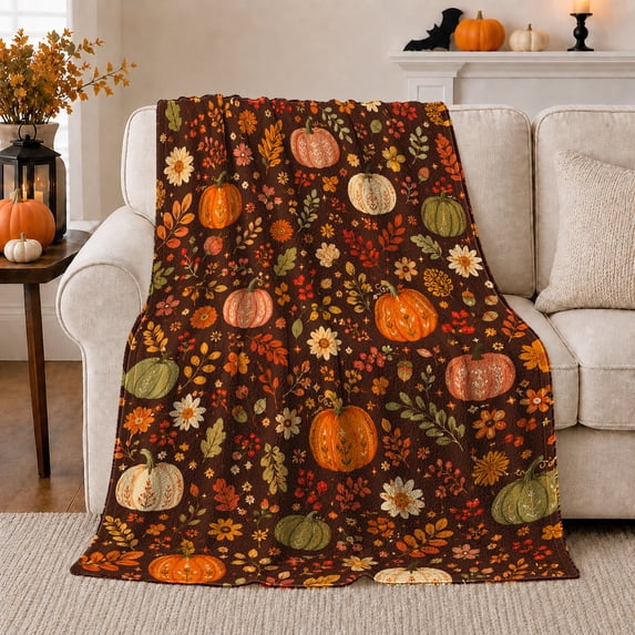 Embroidered Style Pumpkin Floral Flannel Blanket with Brown Autumn Leaves, Daisies, Red Berries, Cozy Throw for Office and Sunroom, Home Decor Gift for Fall Lovers