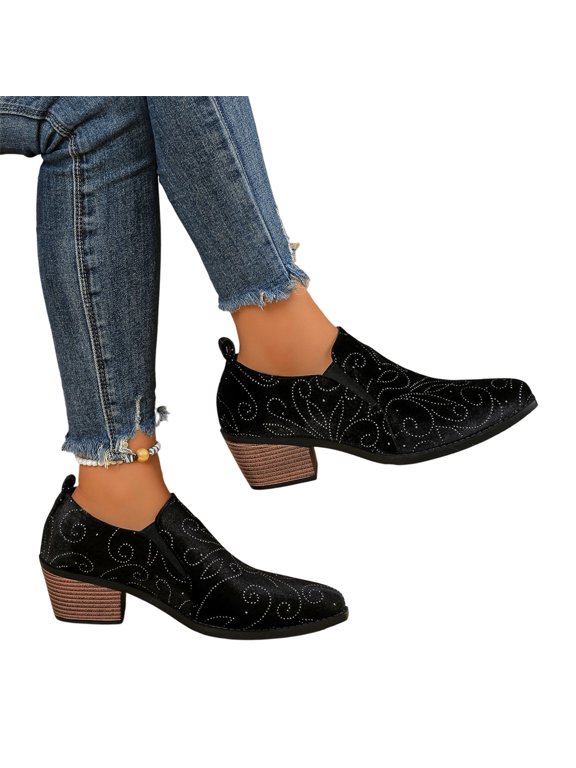 Embroidered Suede Chunky Heel Ankle Boots Country Concert Outfits, Pointed Toe Casual Booties Music Festival Wear, Comfortable Holiday Street Strolling Footwear Autumn Fashion Trend, Black 5.5