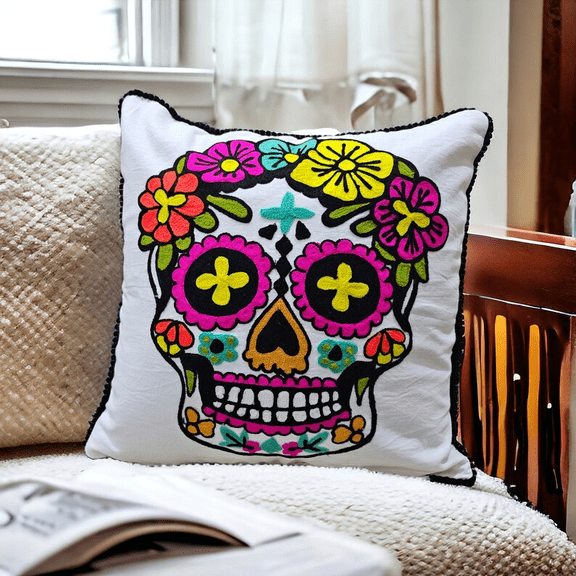 Embroidered Sugar Skull Pillow Cases, Colorful Halloween Decor, Set of 2 Throw Pillow Covers.