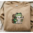 thumbnail image 1 of Embroidered Sweatshirt Adventure Frog with Map Cute Explorer Hiking Frog Pullover Gift for Nature Lovers, Nature Embroidered Sweatshirt, 1 of 4